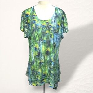 Indigo Soul Blouse Womens 2XL Multi Print Mesh Overlay Short Sleeve
